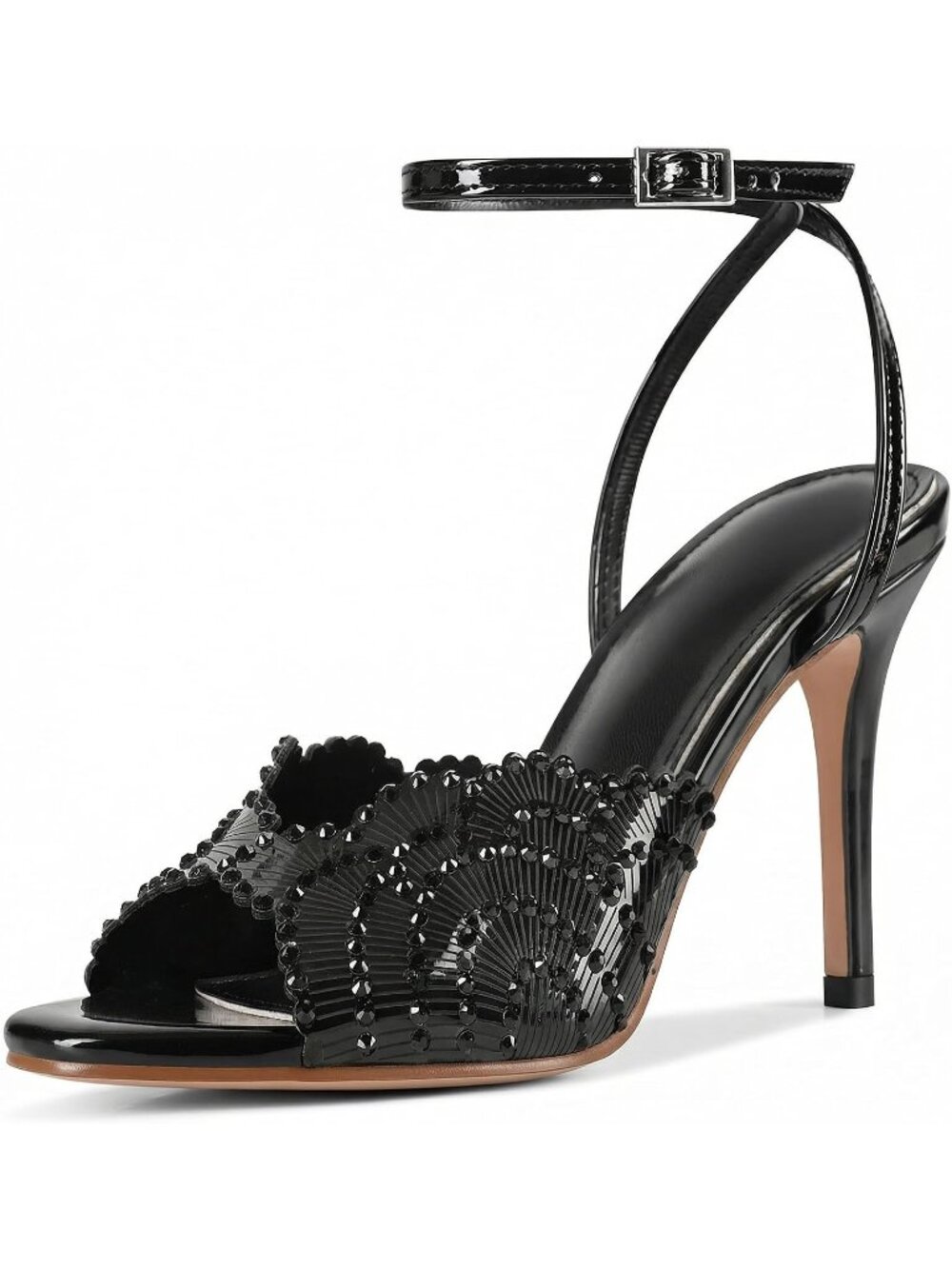 Women's Black Rhinestone High Heel Sandals Round Open Toe Sparkly High Heels